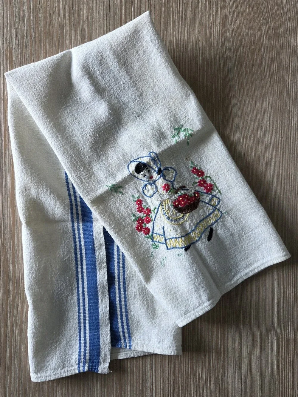 Vintage 1940s 1950s Hand Embroidered Dutch Girl Blue Stripe Linen Tea Towel